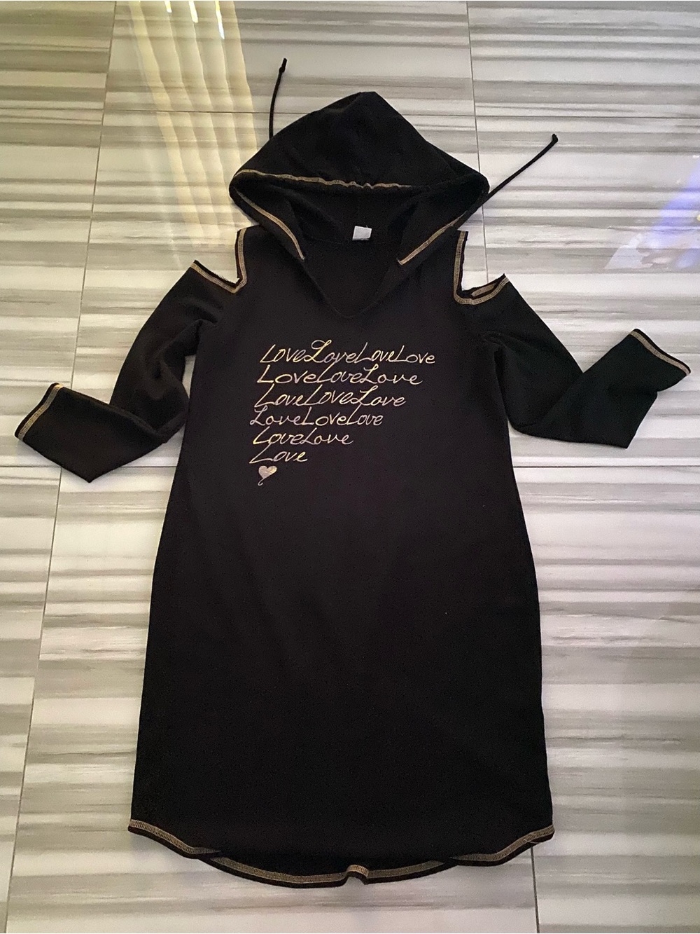 VENUS Black Cold-Shoulder Hooded Dress with Gold Script